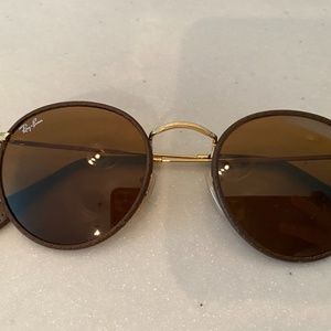 RayBan Brown Round Sunglasses with Hand Stitched Leather Detail